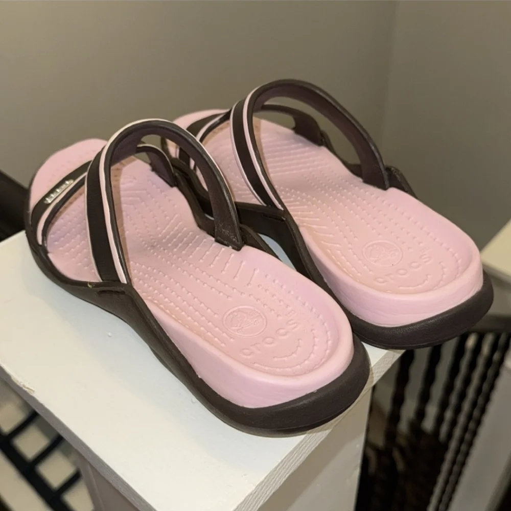 CROCS Florence Pink Brown Mules Slide Slip On Strappy Sandels Flip Flops Size 9 - Picture 2 of 6